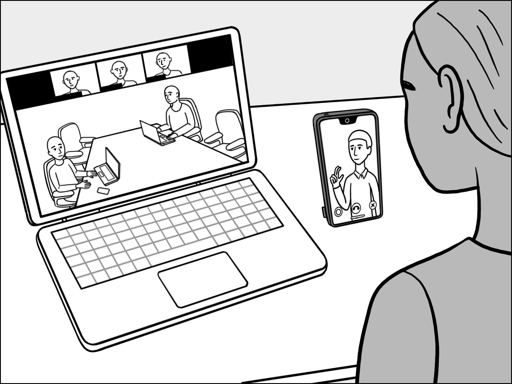 Illustration of Deaf ASL user that has a laptop and a mobile device setup. On the laptop, there is a video conferencing interface that shows the video grid of in-person attendees and three other remote attendees. Also, there is a mobile device, standing upright, with a video image of an ASL interpreter.